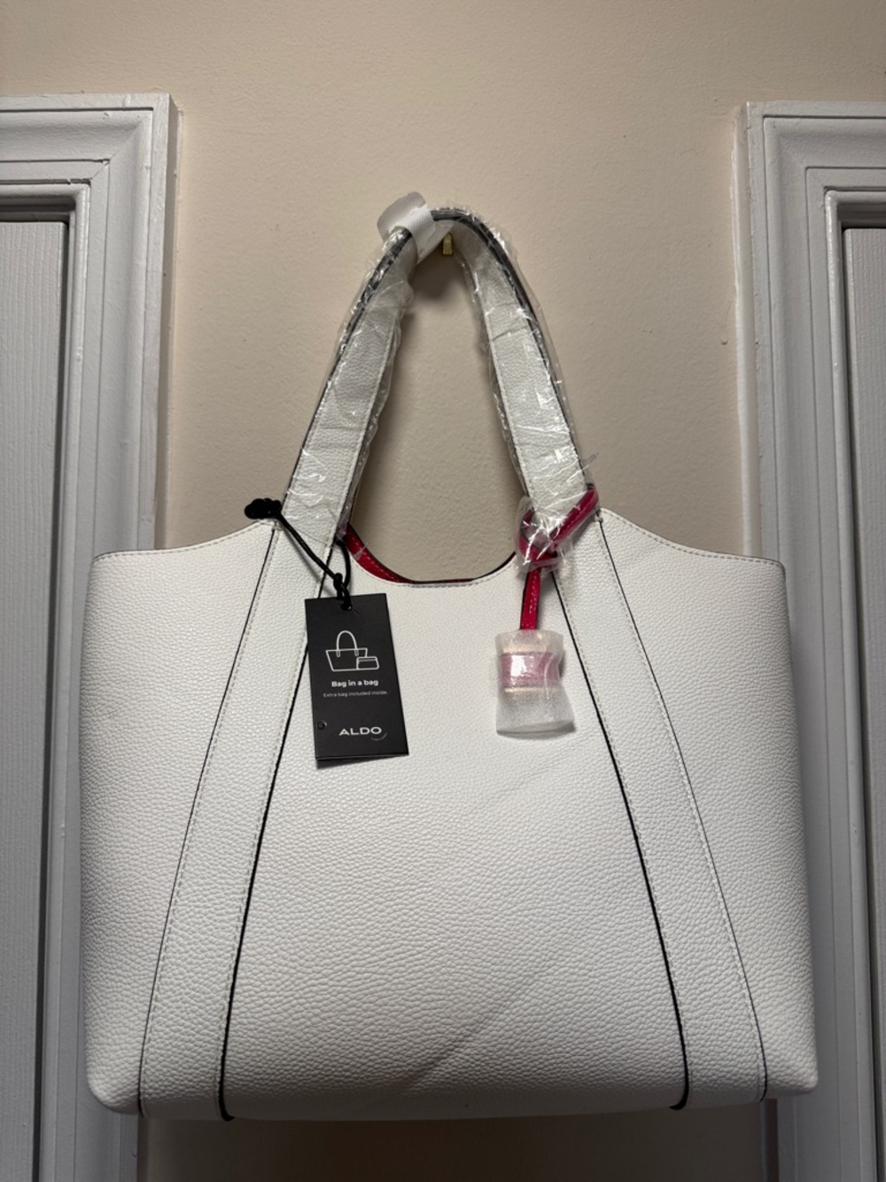 ALDO White Textured Tote with Pink Accent Strap